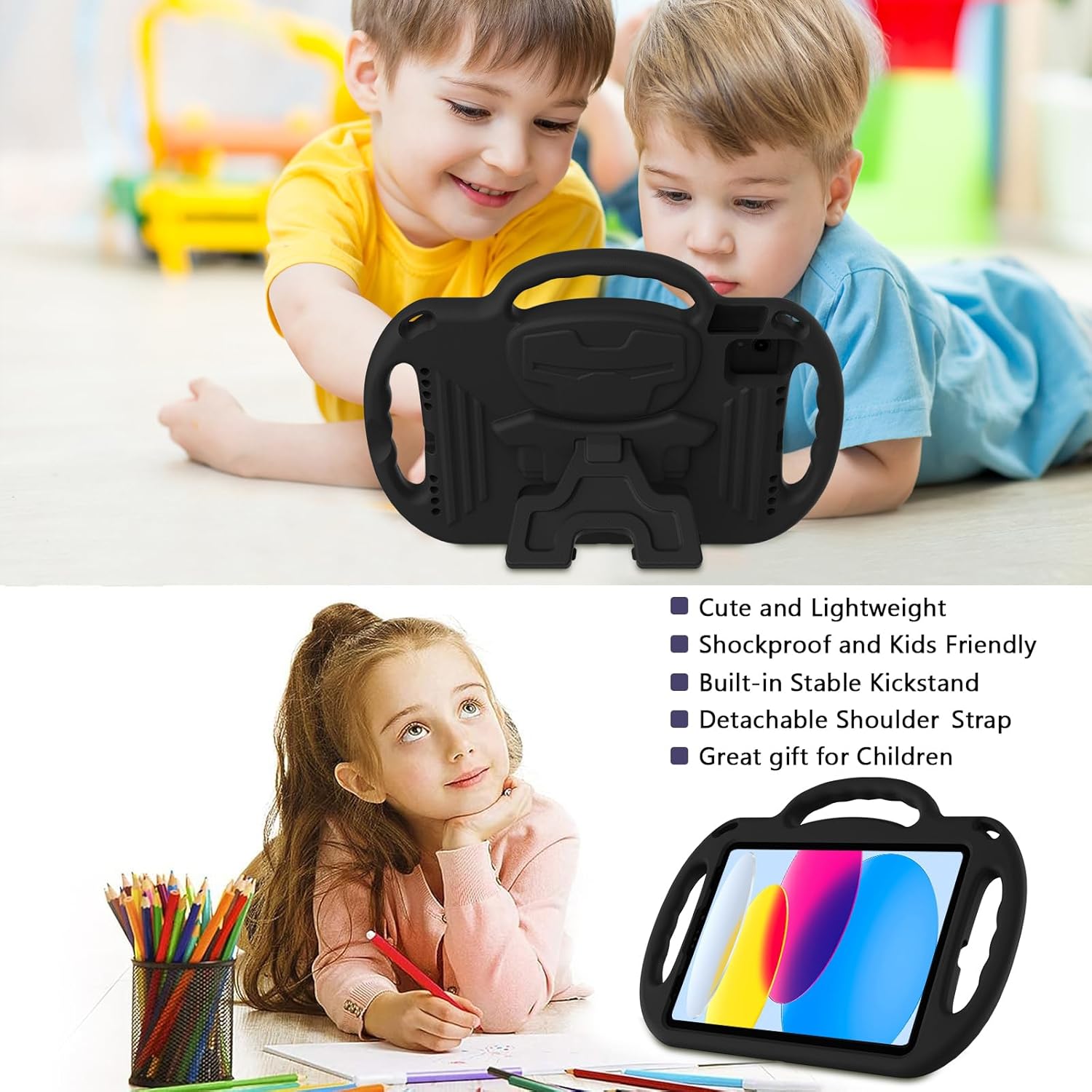 LTROP Kids Case for iPad 11th Generation (A16) 2025 / 10th Generation(10.9 Inch, 2022) with Shoulder Strap, Durable Light Weight Handle Stand Child-Proof Bumper Case for iPad 11th/10th Gen, Black